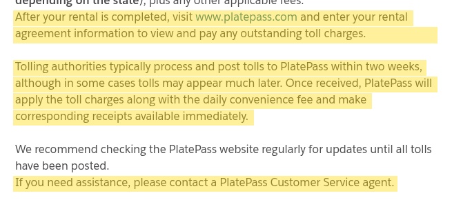 Highlighted excerpt from Hertz's page for: 4. Toll charges? Get the separate receipt