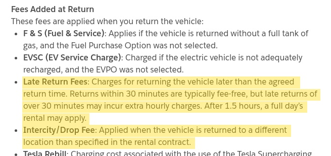 Highlighted excerpt from Hertz's page for: 3. Extra rental time or a drop-off fee? Check the return record