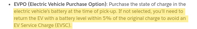 Highlighted excerpt from Hertz's page for: 6. EV recharge fee? Check both battery readings
