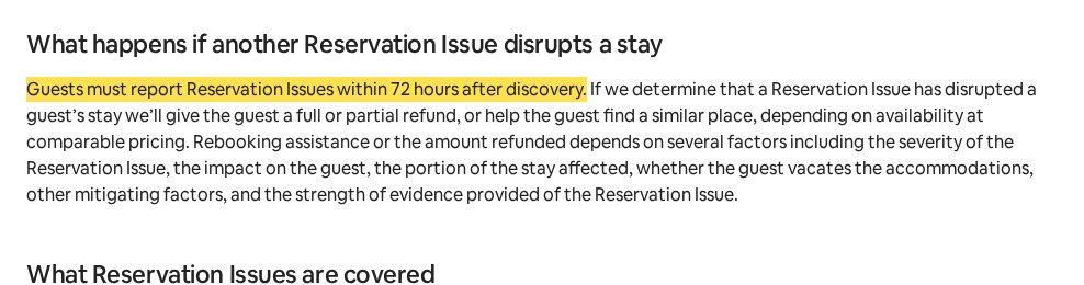 Highlighted excerpt from Airbnb's page for: 1. Report it within 72 hours
