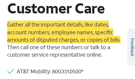 Highlighted excerpt from AT&T's page for: 2. Gather the details before you call