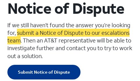 Highlighted excerpt from AT&T's page for: 3. Still stuck? Send a Notice of Dispute