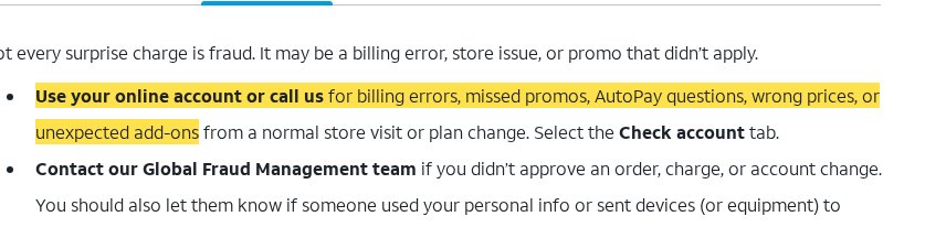 Highlighted excerpt from AT&T's page for: 1. Wrong price or missed promo? It's a billing issue