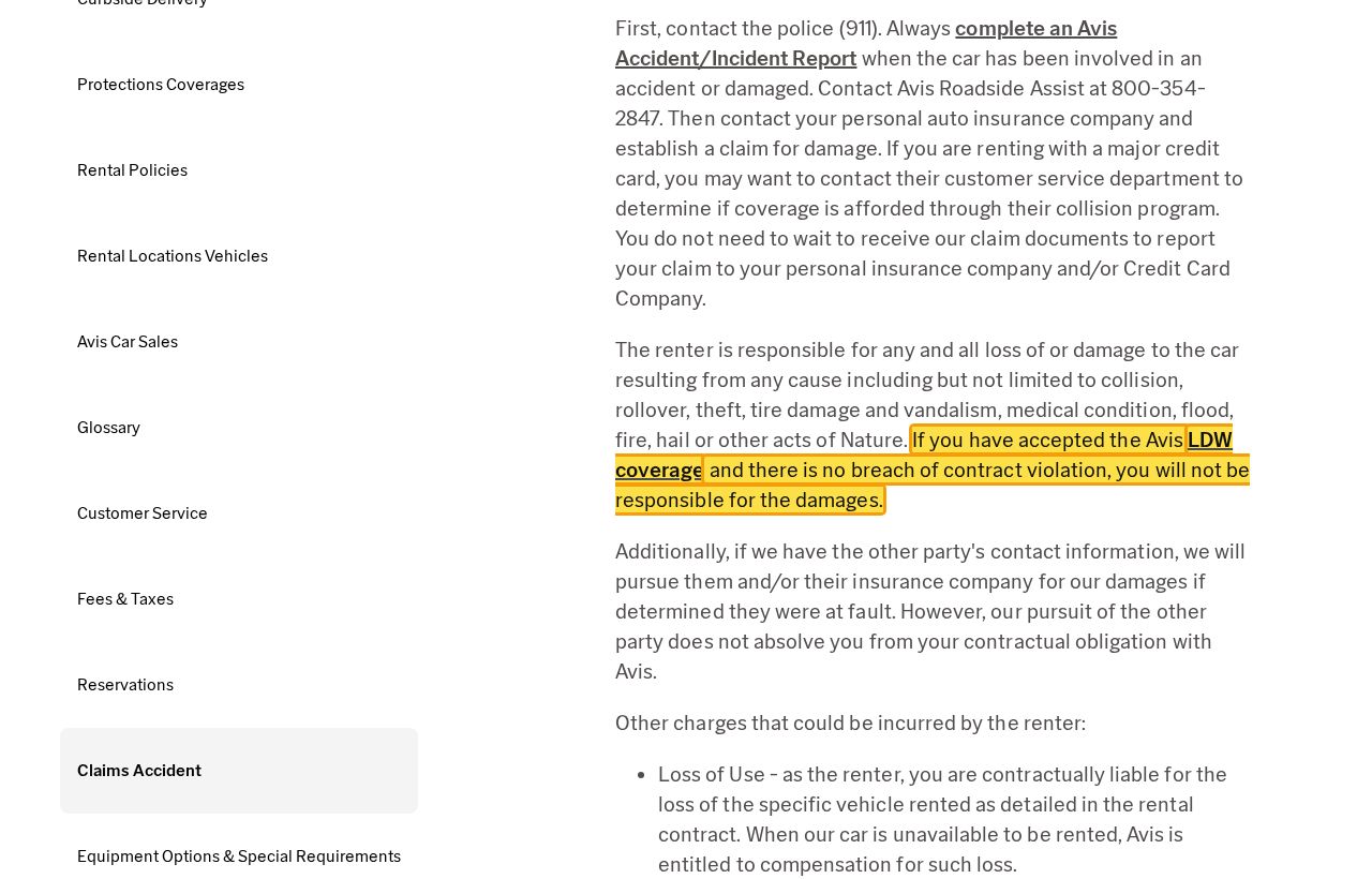 Highlighted excerpt from Avis's page for: 1. Accepted LDW? You shouldn't owe for damage