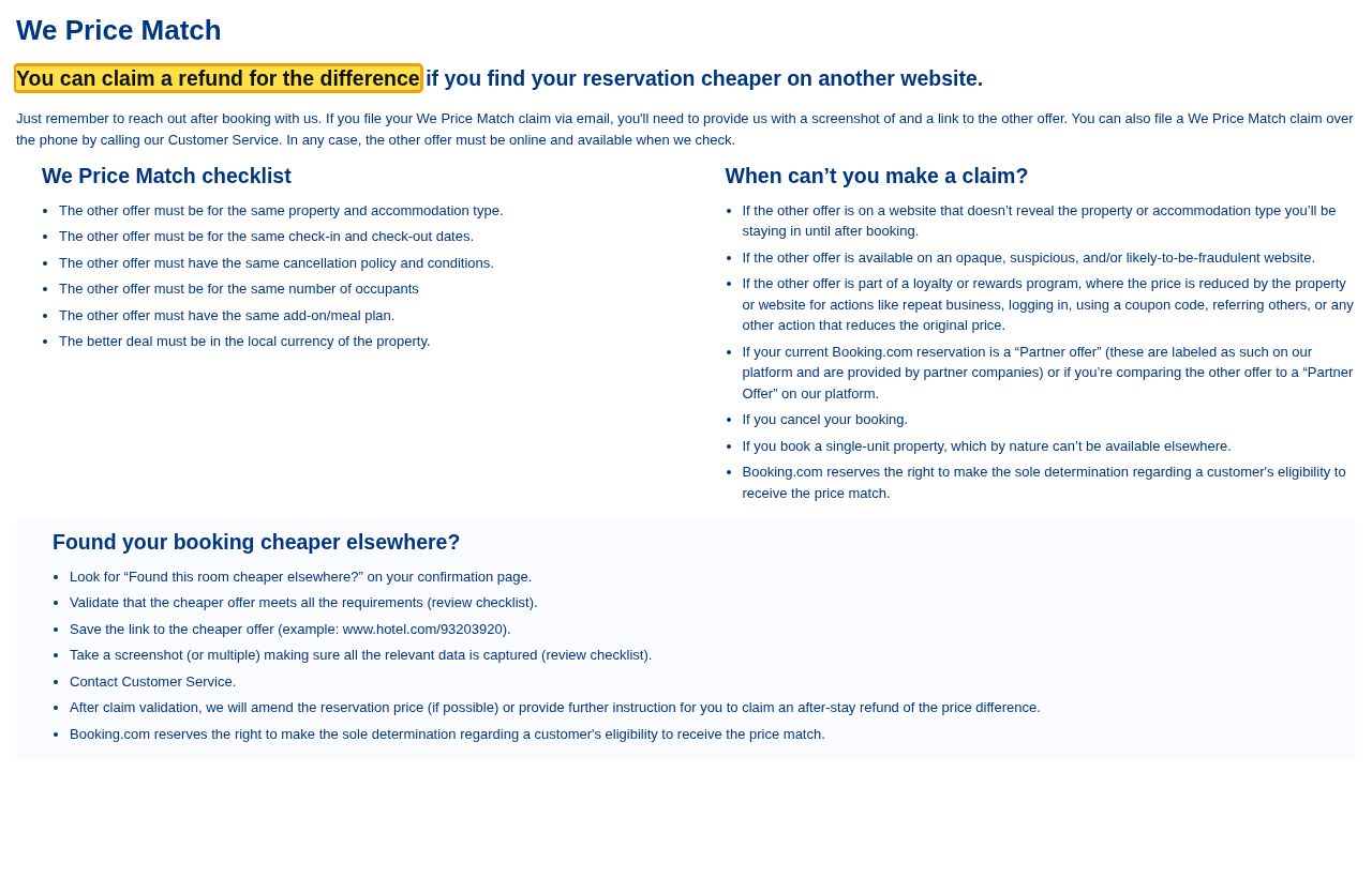 Highlighted excerpt from Booking.com's page for: 1. Found it cheaper? Claim the difference