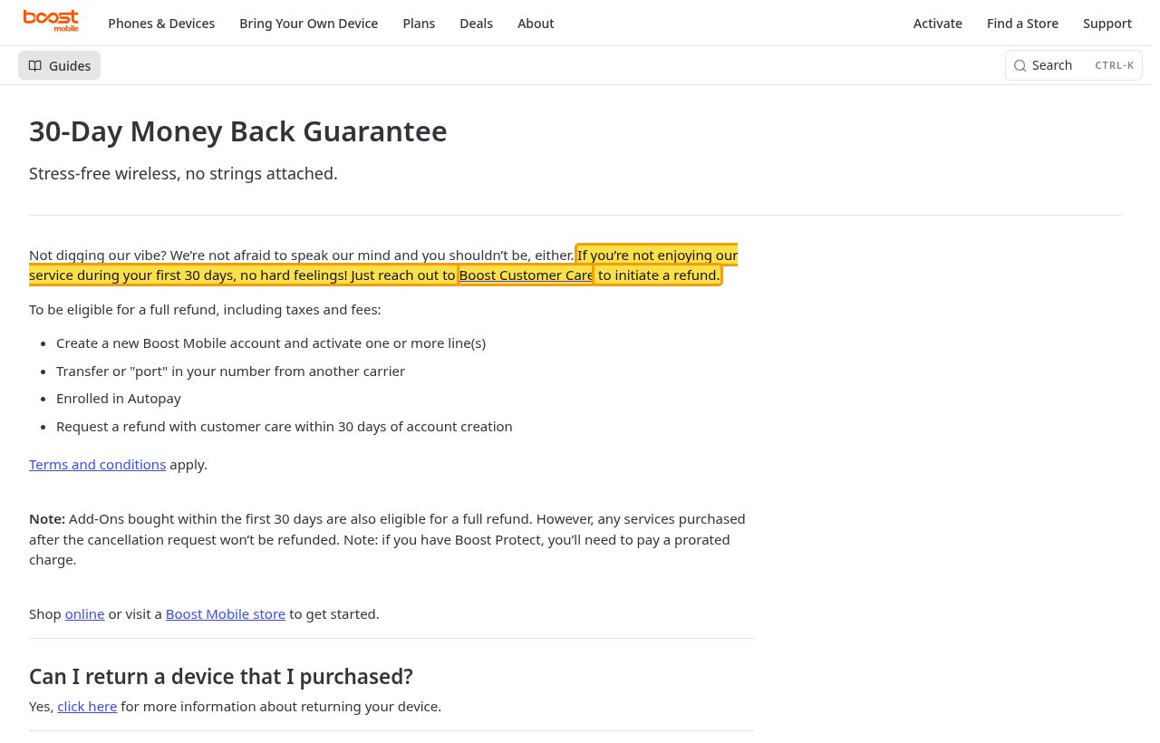 Highlighted excerpt from Boost Mobile's page for: 1. Not happy in the first 30 days? Ask for a refund