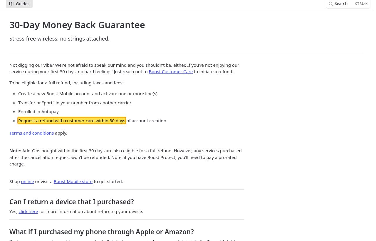 Highlighted excerpt from Boost Mobile's page for: 2. Request it within 30 days of account creation