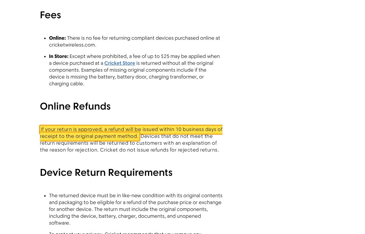 Highlighted excerpt from Cricket Wireless's page for: 2. Approved returns are refunded in 10 business days