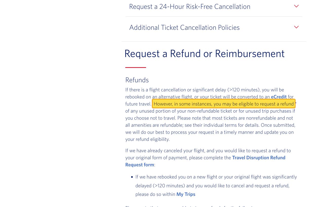 Highlighted excerpt from Delta's page for: 1. Disrupted flight? You may qualify for a refund