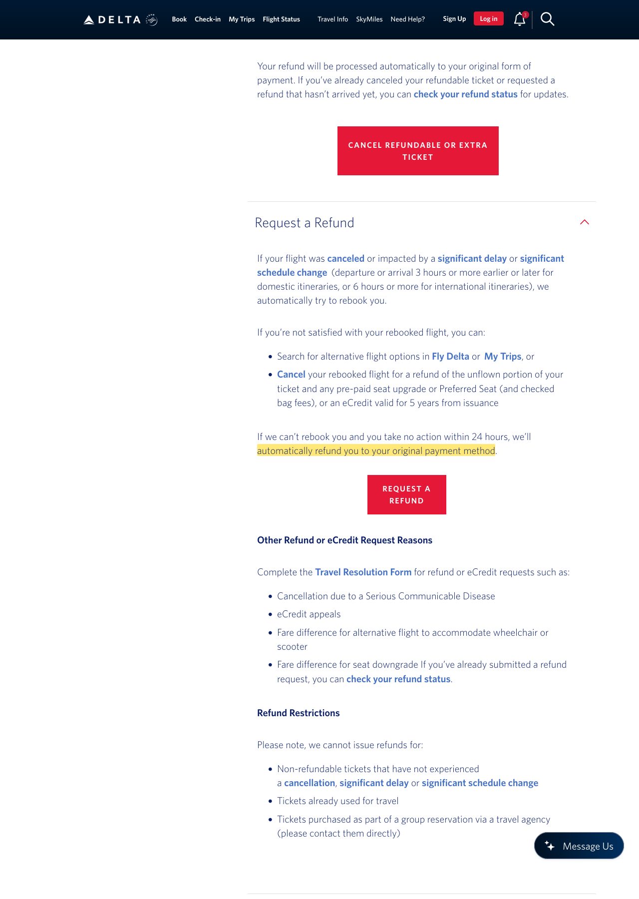 Highlighted excerpt from Delta's page for: 2. Delta can't rebook you? The refund happens on its own