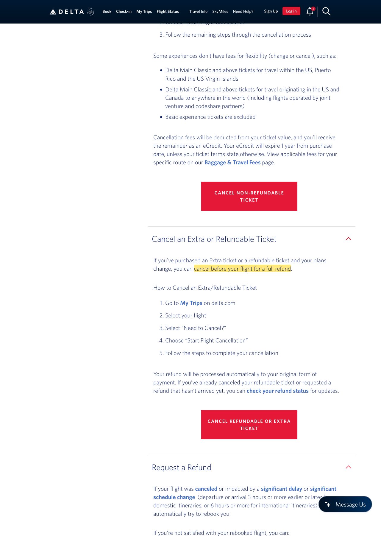 Highlighted excerpt from Delta's page for: 3. Refundable ticket? Cancel before the flight for a full refund
