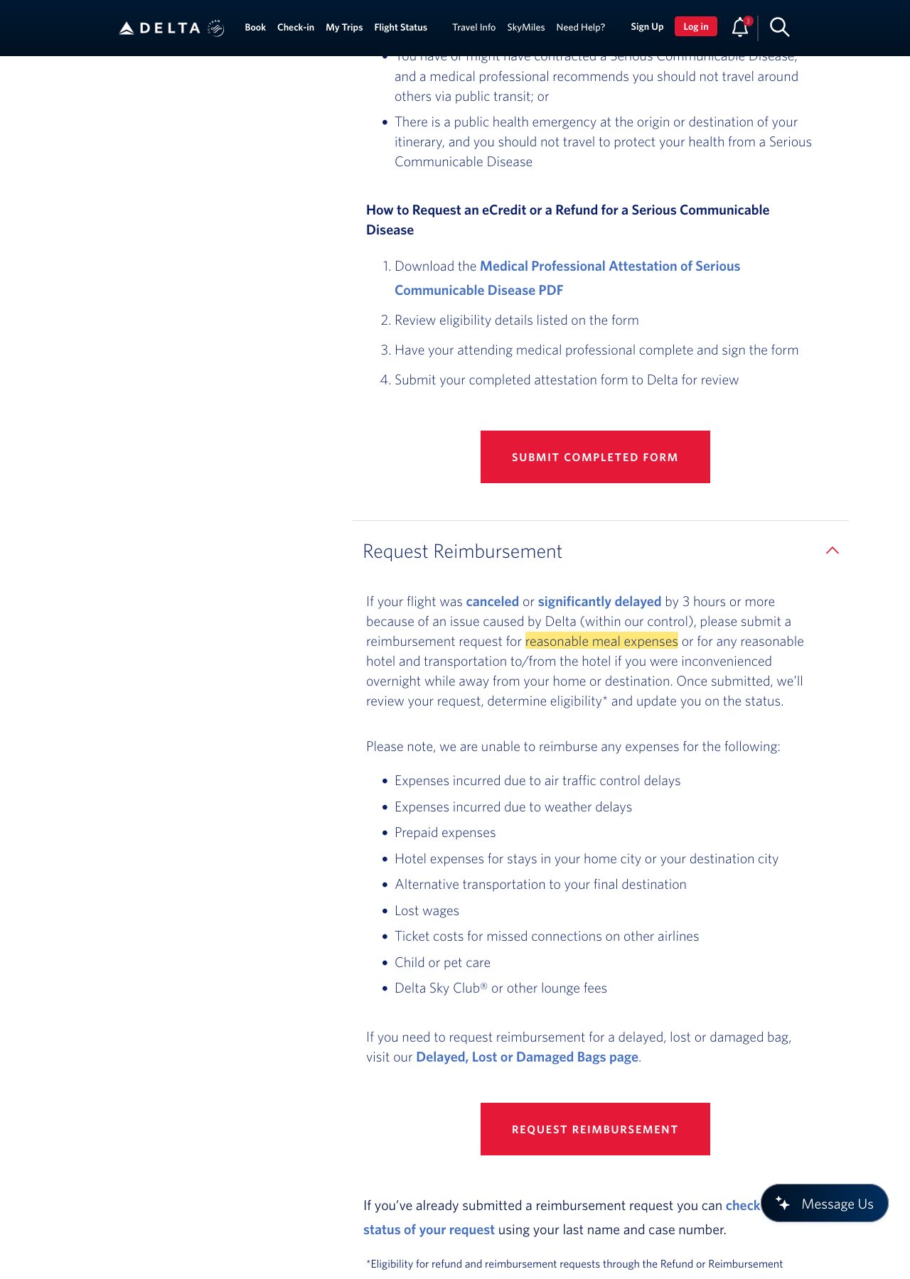 Highlighted excerpt from Delta's page for: 4. Stuck 3+ hours because of Delta? Ask for meals, a hotel and transport