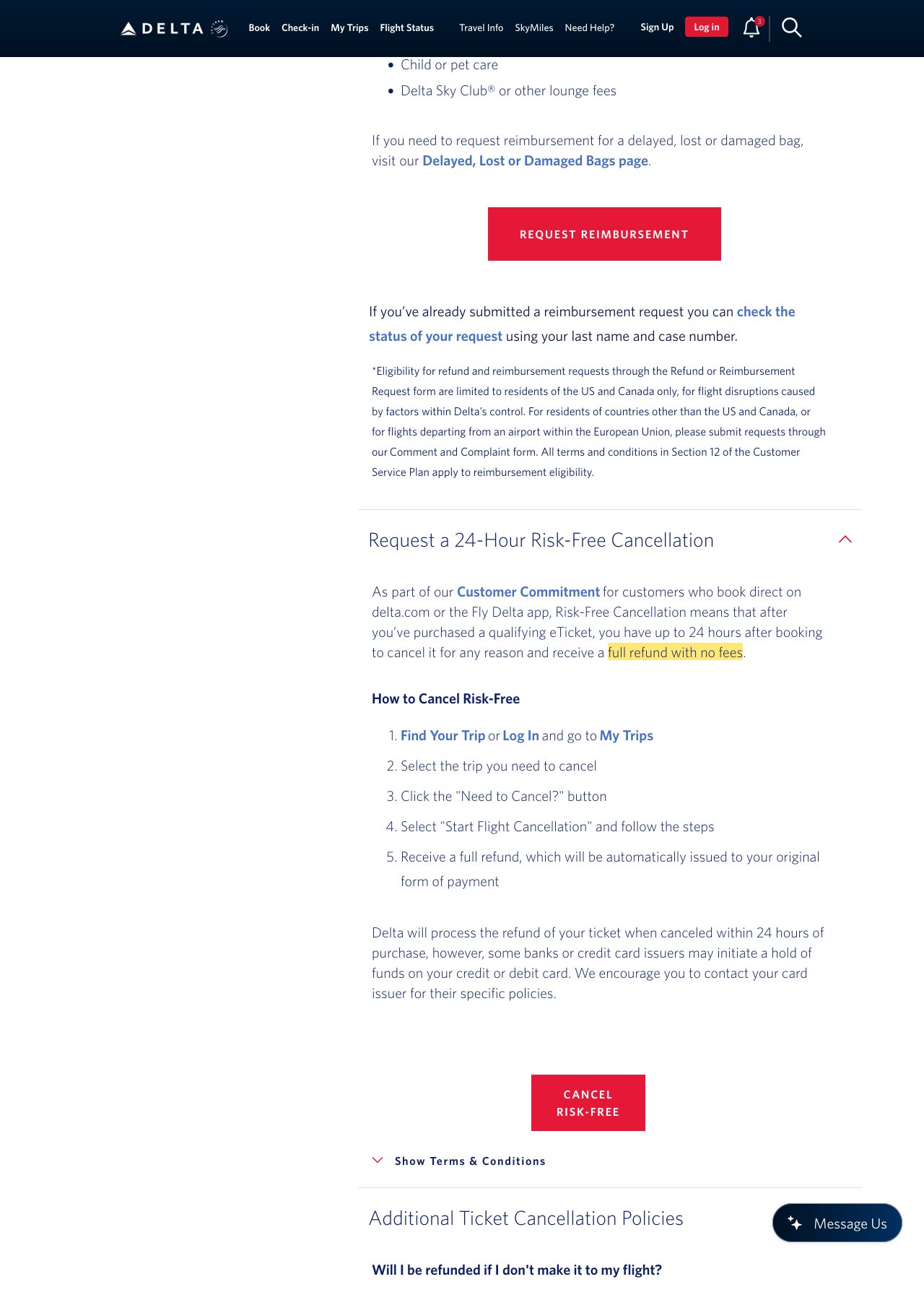 Highlighted excerpt from Delta's page for: 5. Booked in the last 24 hours? Cancel for a full refund, no fees