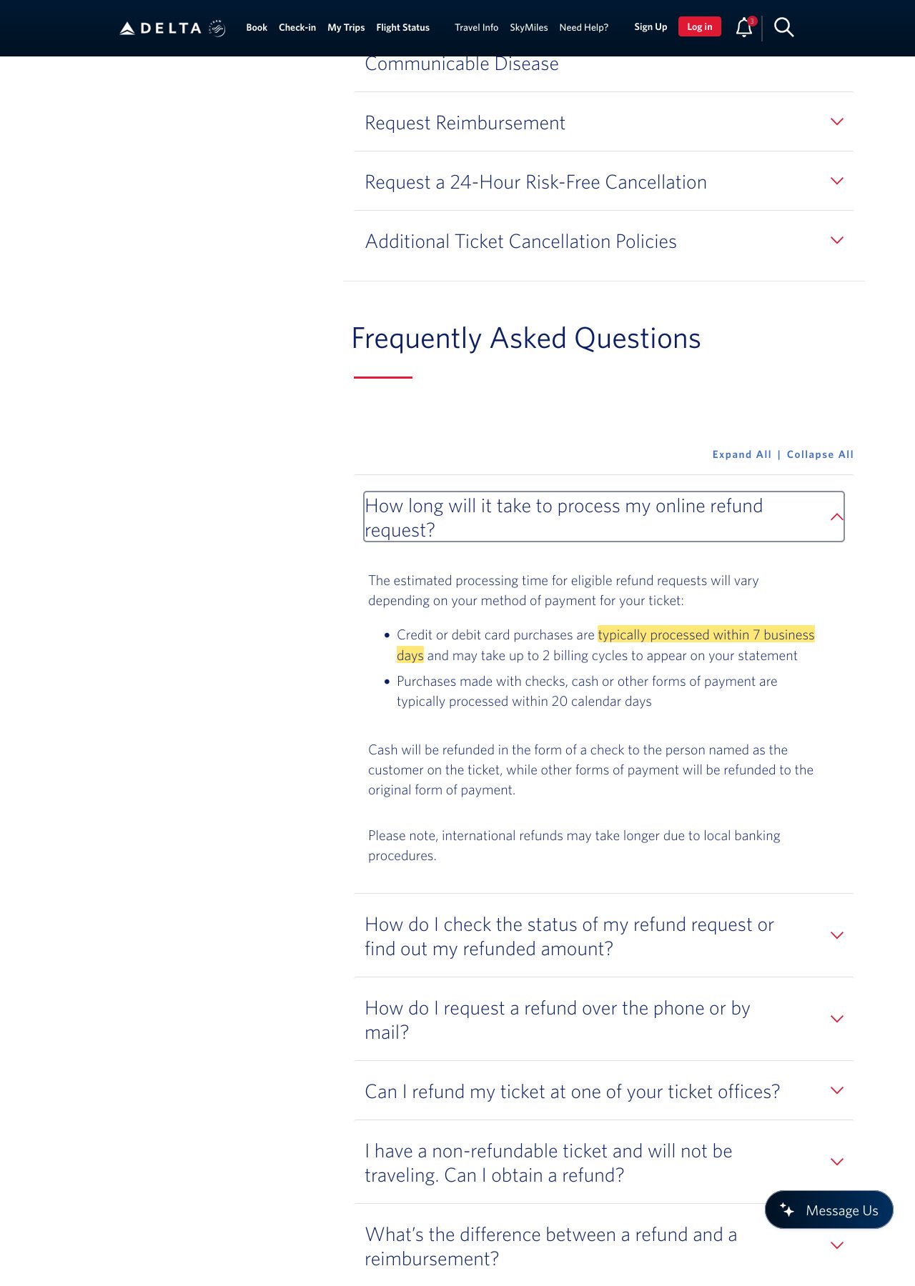 Highlighted excerpt from Delta's page for: 6. Know the clock: card refunds land in about 7 business days