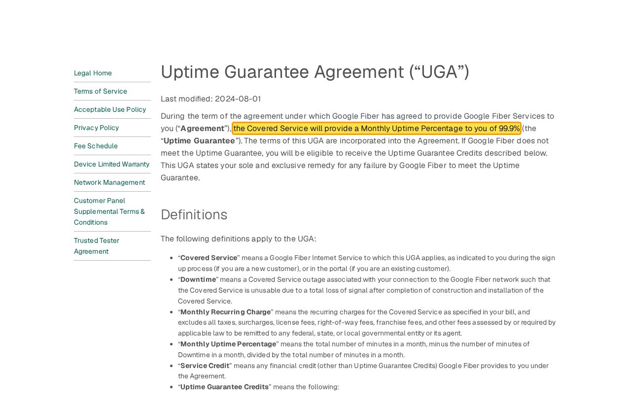 Highlighted excerpt from Google Fiber's page for: 1. Covered plans promise 99.9% uptime