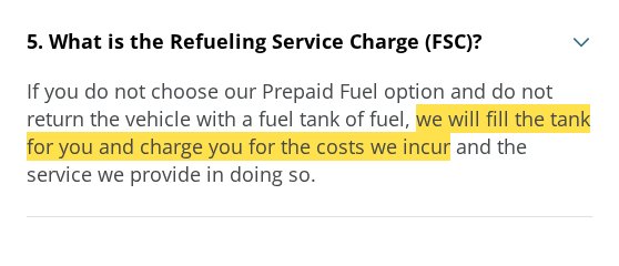 Highlighted excerpt from Hertz's page for: 5. Refueling charge? Match it to your fuel receipt