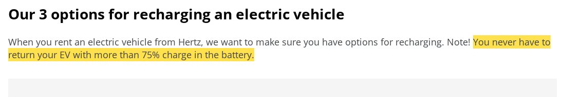 Highlighted Hertz policy stating an EV never needs to be returned above 75% charge