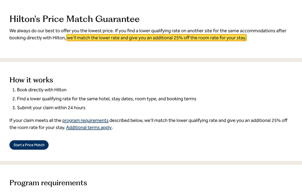 Highlighted excerpt from Hilton's page for: 1. Get the match plus 25% off