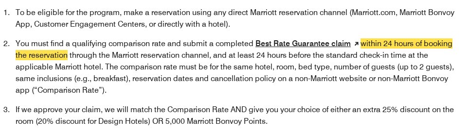 Highlighted excerpt from Marriott's page for: 1. Claim within 24 hours of booking