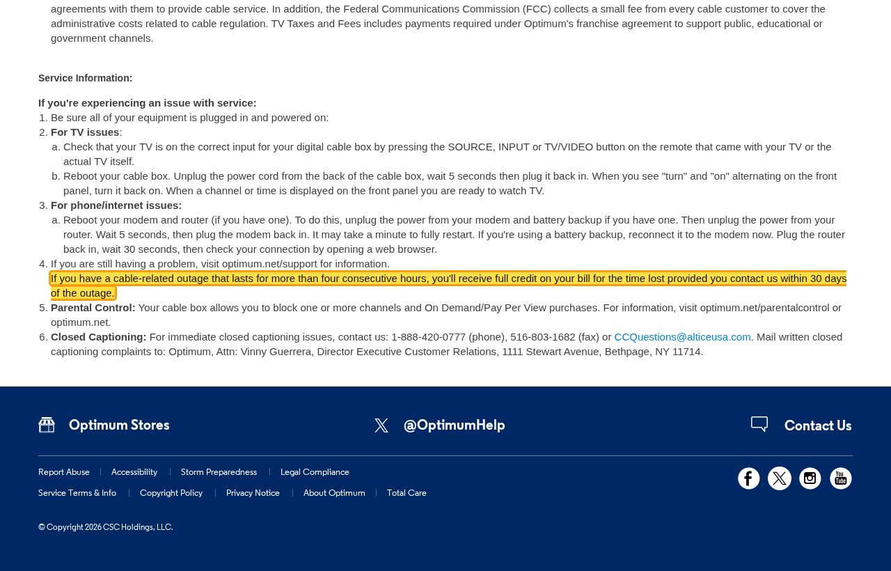 Highlighted excerpt from Optimum's page for: 1. Outages over 4 hours earn a full credit