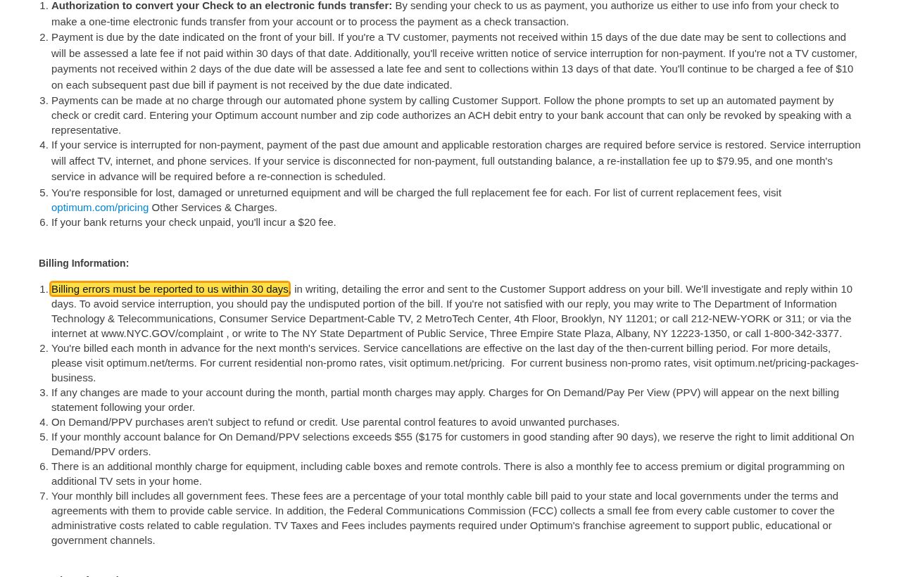 Highlighted excerpt from Optimum's page for: 2. Billing error? Put it in writing within 30 days