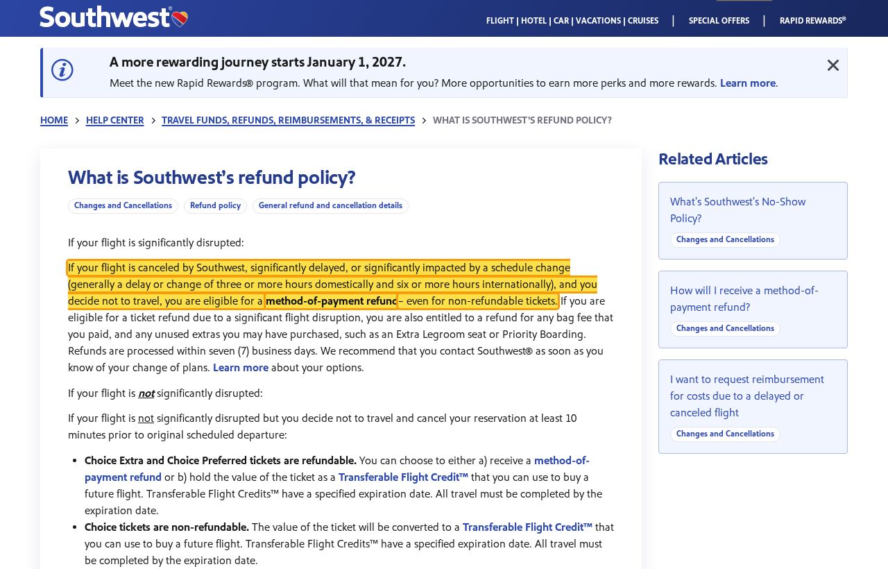 Highlighted excerpt from Southwest's page for: 1. Significant disruption = refund, even on non-refundable fares
