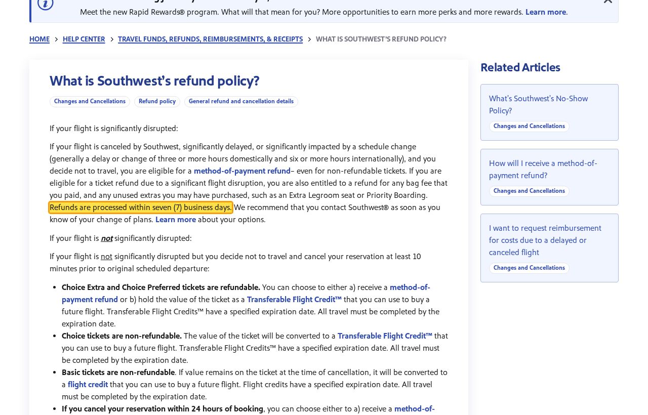 Highlighted excerpt from Southwest's page for: 2. Refunds are processed within 7 business days