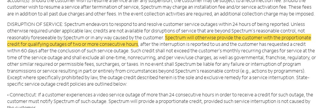 Highlighted excerpt from Spectrum's page for: 1. Outages of 2+ hours qualify for a credit
