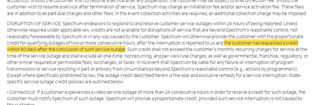 Highlighted excerpt from Spectrum's page for: 2. Report it, then ask within 60 days