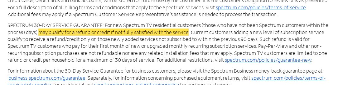 Highlighted excerpt from Spectrum's page for: 3. New to Spectrum TV? There's a 30-day guarantee