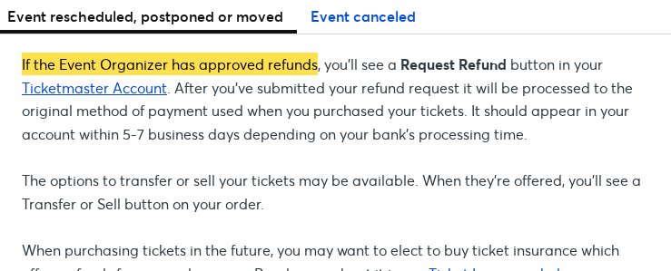 Highlighted excerpt from Ticketmaster's page for: 1. Check your order for a Request Refund button