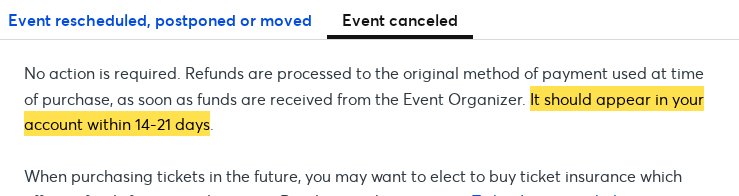 Highlighted excerpt from Ticketmaster's page for: 2. Event called off? Watch the 14–21 day clock
