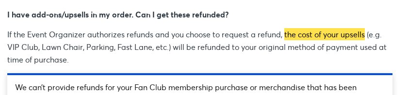 Highlighted excerpt from Ticketmaster's page for: 3. Make sure your add-ons came back too