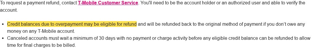 Highlighted excerpt from T-Mobile's page for: 3. Overpaid? Ask for the money back