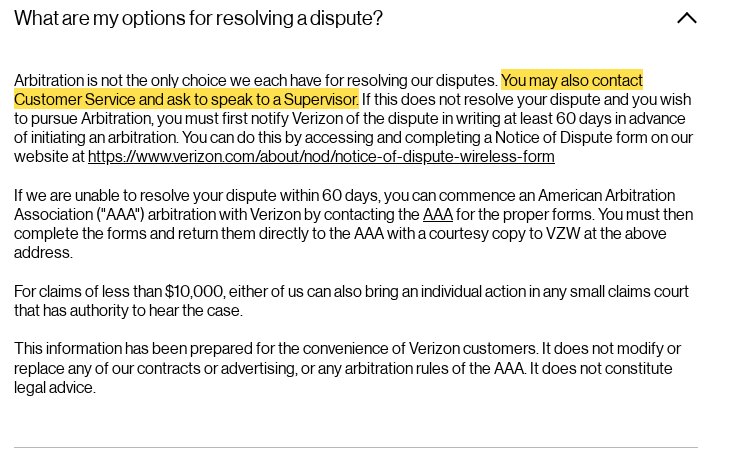 Highlighted excerpt from Verizon's page for: 1. Ask for a supervisor