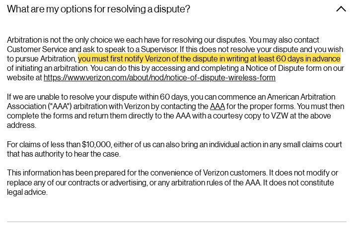 Highlighted excerpt from Verizon's page for: 2. Put it in writing