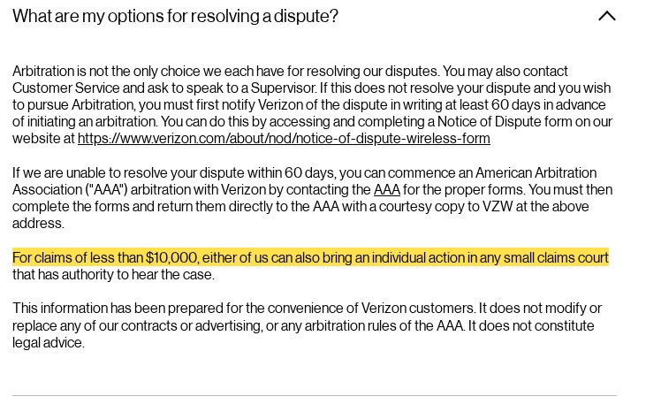 Highlighted excerpt from Verizon's page for: 3. Under $10,000? Small claims is an option
