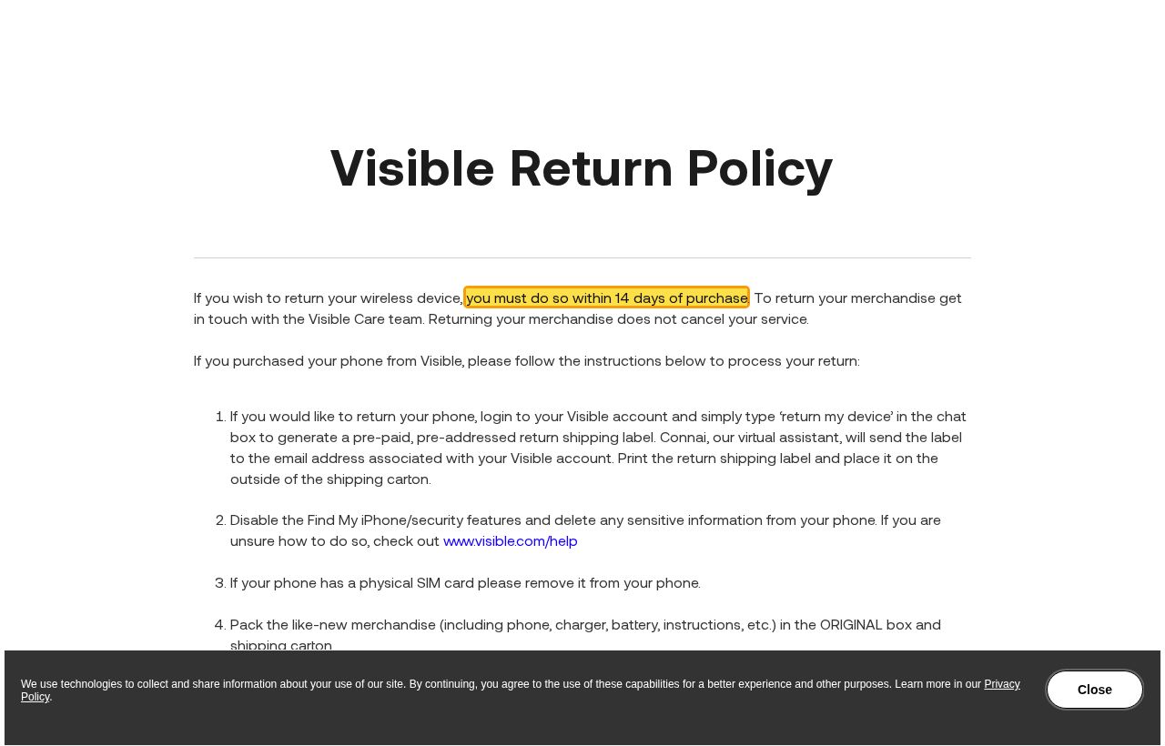 Highlighted excerpt from Visible's page for: 1. Return the phone within 14 days