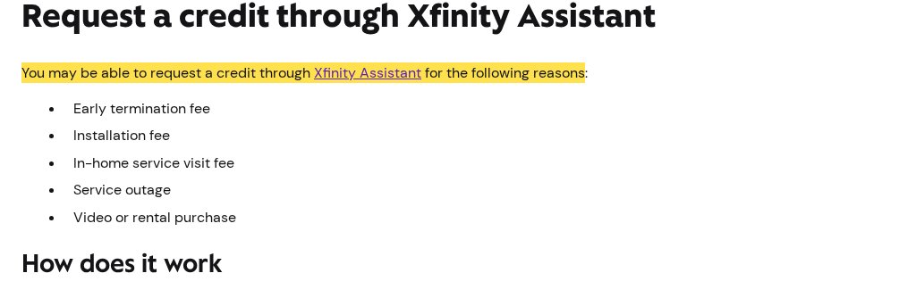 Highlighted excerpt from Xfinity's page for: 1. Ask for a credit through Xfinity Assistant